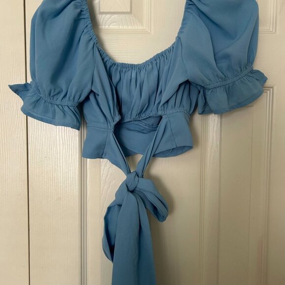 Blue Puff Sleeve Tie Back Crop Top - Picture 3 of 3